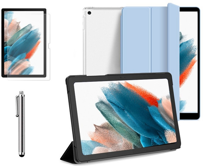갤럭시탭A8 10.5인치 호환 플립 케이스 북커버 스탠드+액정필름+터치펜 SM-X200N X205N 케이스나라, 스카이블루, 투명 케이스