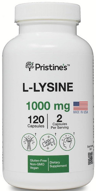 PRISTINE'S 라이신 1000MG 60일 분량 - 입술 및 잇몸 건강 필수 아미노산 면역 지원 보충제 최적의 근육 조직 콜라겐 생산 비건 글루텐 프리