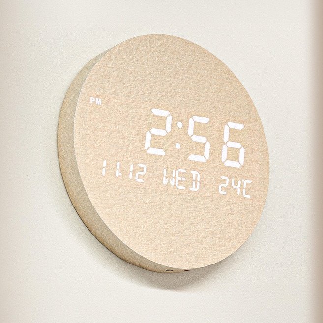 아모란나 무선 LED 벽시계 충전식 무소음 벽걸이 인테리어 날짜 요일 온도 표시 탁상용, 베이지