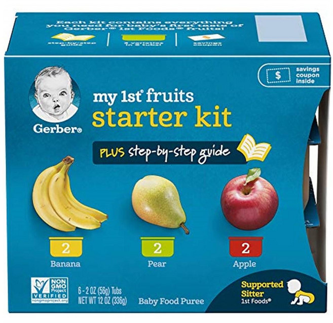 거버 퓨레 이유식 1단계 2+2+2(x2박스) 후르츠 스타터 킷 Gerber Purees My 1st Fruits Starter Kit 2 Ounce Tubs Box of 6, -