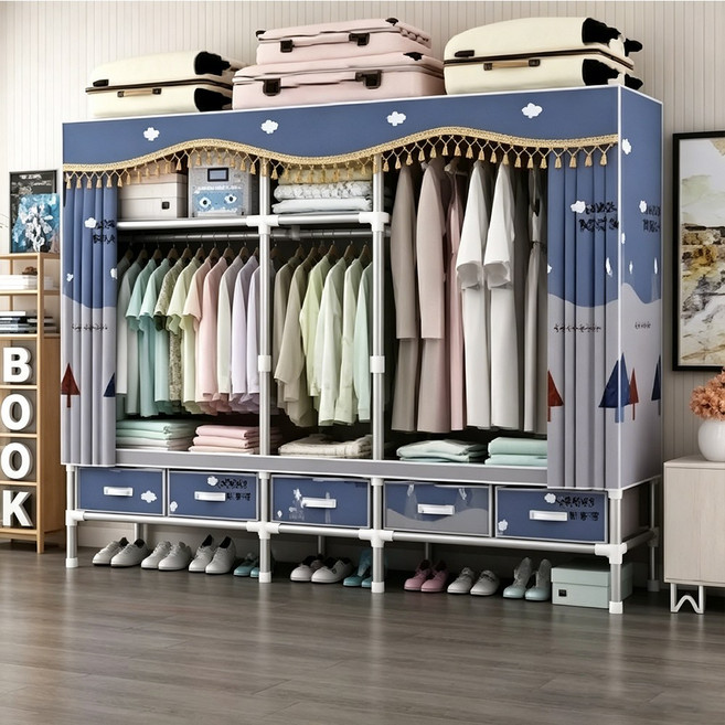 簡易布衣櫃 組合式衣櫥 承重型衣物收納櫃, 暮雲春樹200*45*172+5個抽屜,管徑25MM