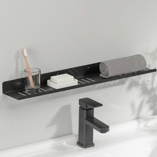 마벨인홈 무타공 세면대 수전 물빠짐 주방 욕실선반 일자형, 블랙