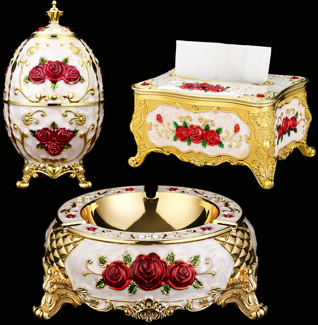 엔틱 철제 각티슈 케이스 티슈 상자 재떨이 인테리어 소품 장식품, 3개, 금색 화이트 레드 3개 세트