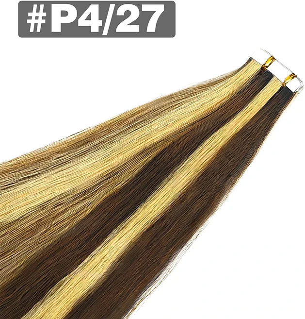 다크 브라운 테이프 인 헤어 익스텐션 20피스 100% 레미 스트레이트 심리스 인비저블, 02 20 pcs 1 pack, 01 22 인치, 05 #4/27