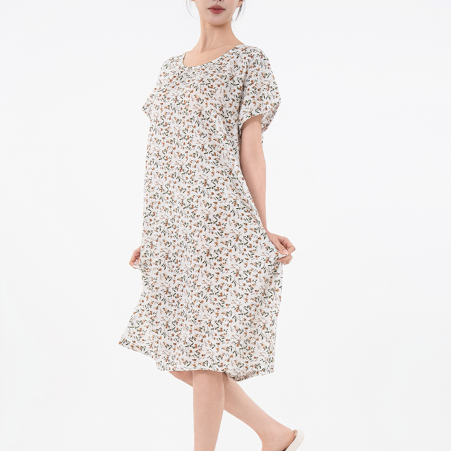 시크나인 아사면 반팔 원피스 잠옷 플라워 여름 홈웨어 빅사이즈