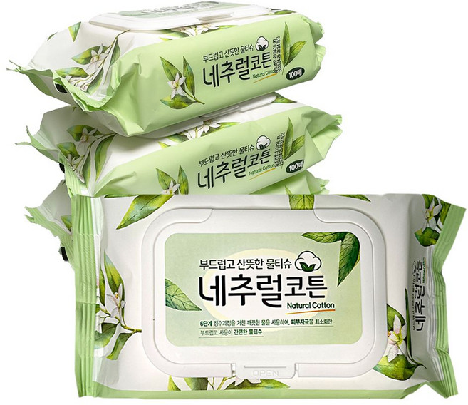 네추럴코튼 물티슈(100매) 낱개1개 국산 캡형 대용량, 100매입, 1개, 38g