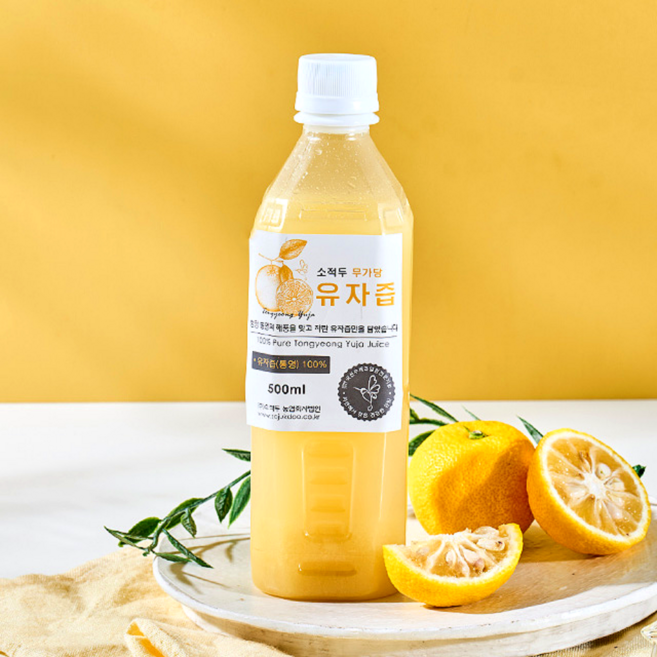 [2025년 햇유자] 소적두 무설탕 유자즙 원액 100% 갈지 않고 껍질째 NFC 착즙, 1개, 2개입, 500ml