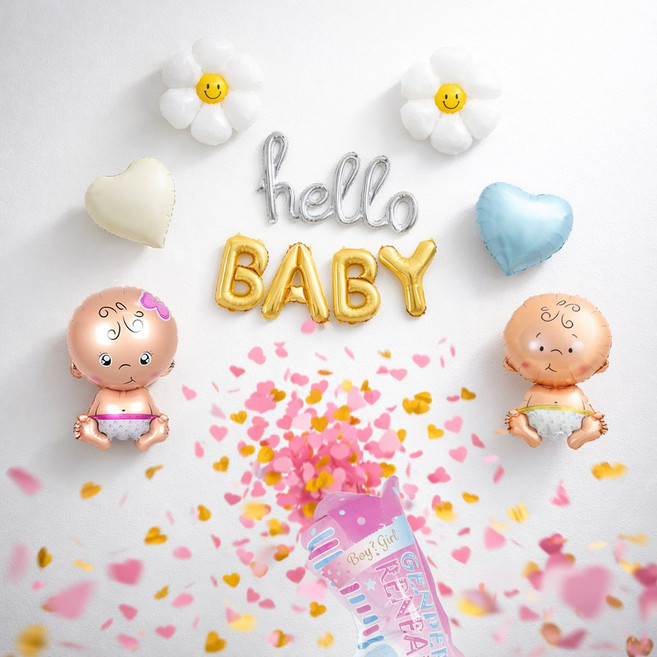 해피제이니 안녕 아가야 젠더리빌 데이지 하트 베이비 샤워 풍선 세트, 1세트, 젠더리빌 핑크폭죽세트