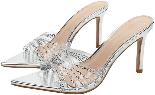 미녹지구 2026 여름 프렌치 뾰족한 투명 TPU 슬리퍼 여성 아웃솔 스틸레토 큐빅장식 통기성