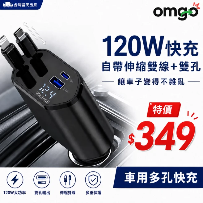 omgo 120W 車用快充頭, 雙Type-C伸縮線