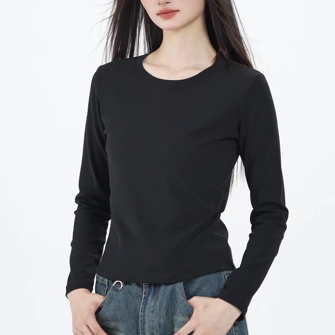 돌아라 여성 베이직 무지 라운드 긴팔 티셔츠