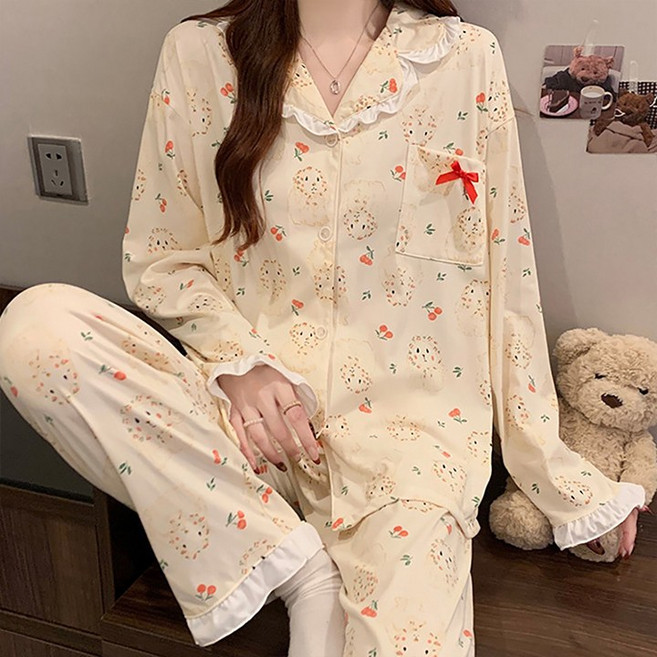 드마엘_리코 긴팔 프릴 레이스 잠옷 파자마 홈웨어 세트 (5color)