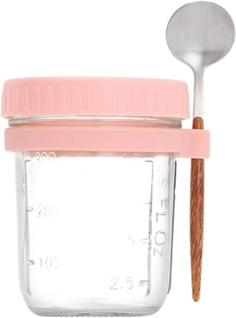 玻璃燕麥杯 密封罐 梅森杯, 玻璃燕麥杯 送湯匙 350ML-粉色, 1個