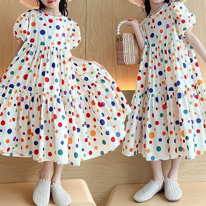 로르카 14세 이상 사용 가능 아동용 빅사이즈 라운드넥 도트 미디 퍼프소매 반팔 원피스 D01032918