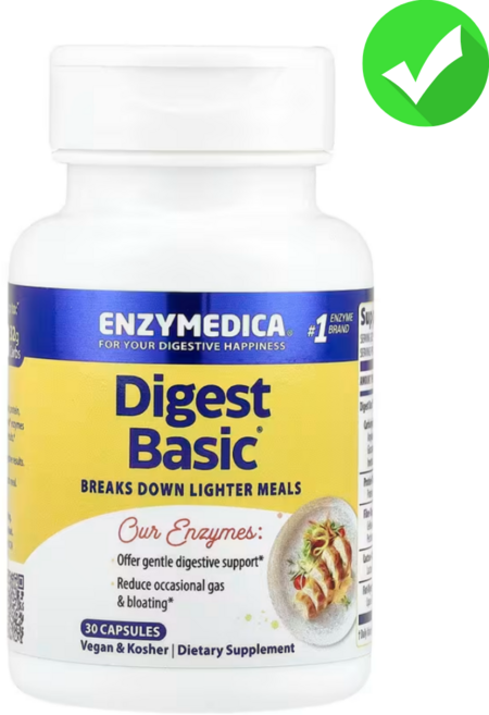 Enzymedica 엔자이메디카 다이제스트 베이직 효소 포뮬러 30 캡슐 셀룰라아제 락타아제 아밀라제 말타아제 프로테아제 포함, 30정, 1개