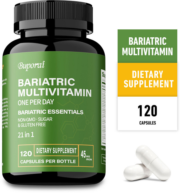 비만치료용 종합 비타민 - 45mg 철분 보충제 - 미국산 - 여성 및 남성용 - 올인원 21가지 필수 비타민 - 위 보호대 - 가벼운 열대 과일 맛 - 120캡슐, 3개, 60정