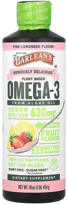 Barlean's Seriously Delicious® 해조류 오일에서 추출한 식물성 오메가3 핑크 레모네이드 630mg 454g(16oz) Barlean's (발린, 454g, 1개 - 쿠팡