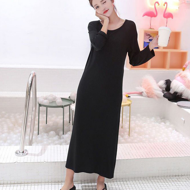 besteffie 여성 홈웨어 가을용 무지 라운드넥 루즈핏 파자마 긴팔원피스 베이직 빅사이즈 잠옷 원피스 C55