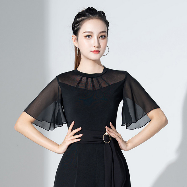 프릴 여성댄스복 라인댄스복 라틴댄스 댄스복상의 모던댄스복 댄스연습복, 블랙, L