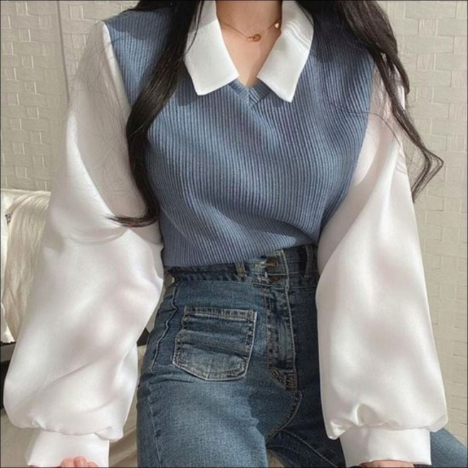 여성맨투맨 페이크 카라 여자 조끼긴팔 블라우스 레이어드