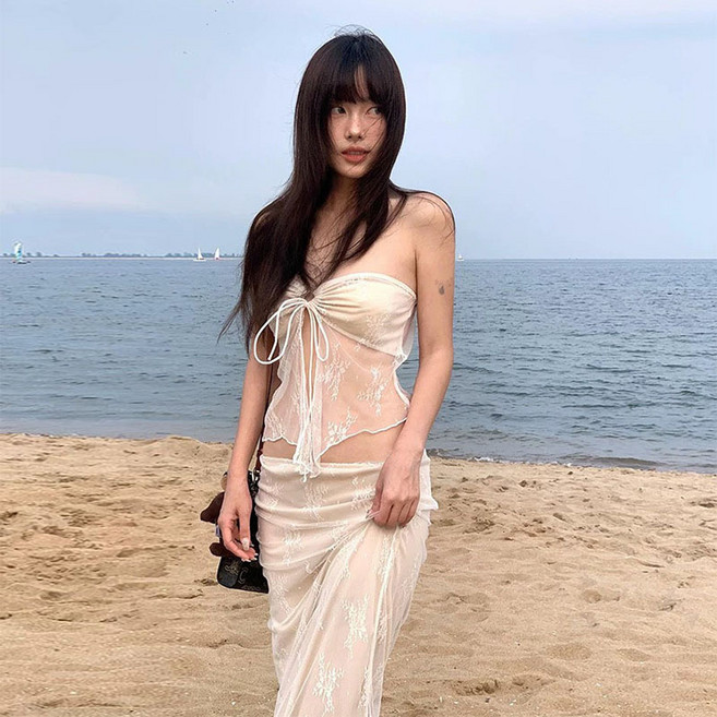 DFMEI 泳衣新款小衆設計感海島度假拍照性感蕾絲抹胸分體長裙溫泉泳衣女, L【建議95-105斤】