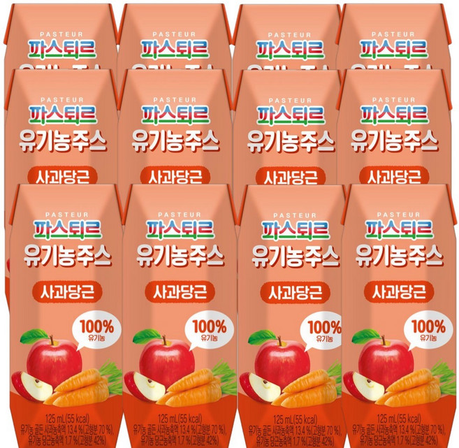 파스퇴르 100% 유기농주스 사과당근 125ml(12팩), 125ml, 12개