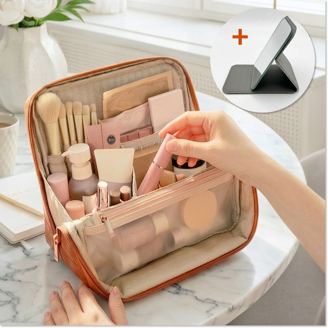 안느까사 펼치면 화장대가 되는 비건레더 대용량 화장품 파우치 거울포함