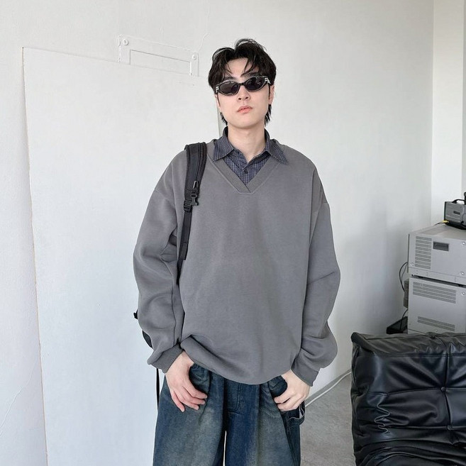 BT3 V領內刷毛厚磅大學T 寬鬆長袖衛衣 MX80