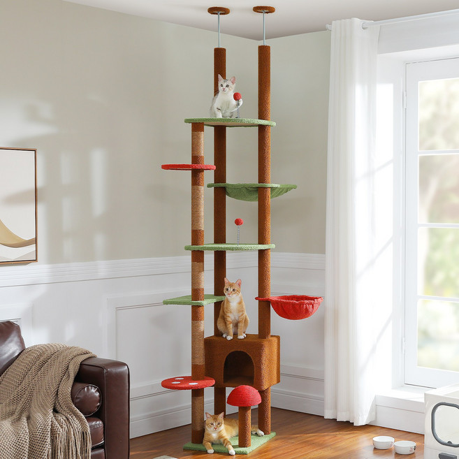 PAWZ Road 8단 대형 천장 고정형 패브릭 캣폴 트윈 기둥 2단 높이조절 캣타워 191CM~210CM 230CM~255CM 스크래쳐 기둥+플랫폼+해먹, 1개, 브라운