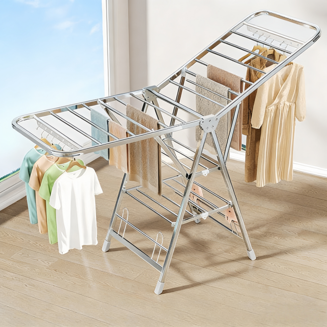 접이식 빨래 건조대 150cm 대형 스테인리스 강화 빨래걸이 가정용 다용도, 1.6m 3층 일체형 롤러