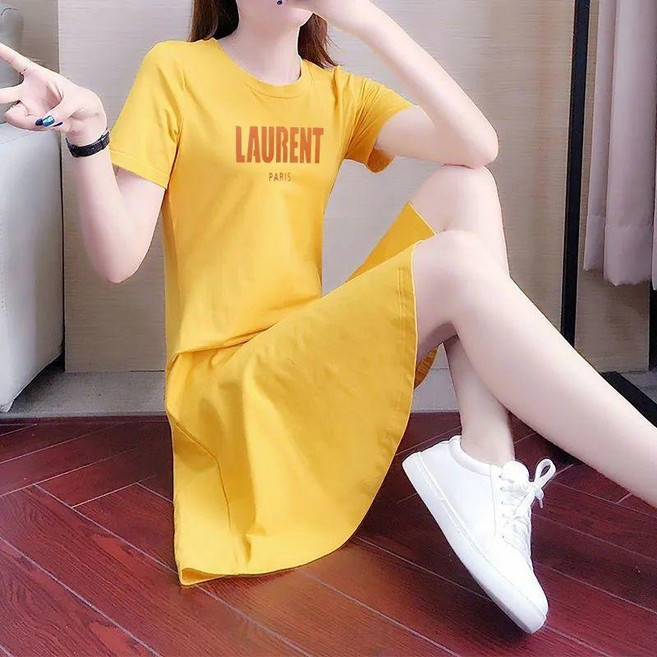 good 女夏寬鬆中長洋裝大尺碼顯瘦休閒學生不規則魚尾裙, 黃色 英文,S