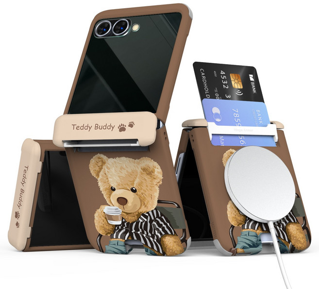이디즌 갤럭시 Z플립 케이스 컬러 테디시리즈 귀여운 디자인 슬림 카드 2장 수납 힌지보호 충격방지 맥세이프 호환 자석내장