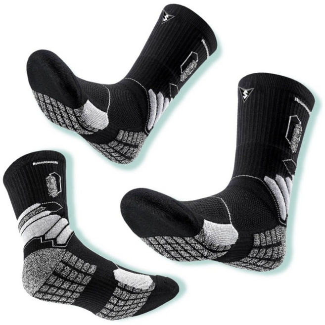 L3 남성용 스포츠 이중 쿠션 중목 장목 양말 3켤레, 블랙