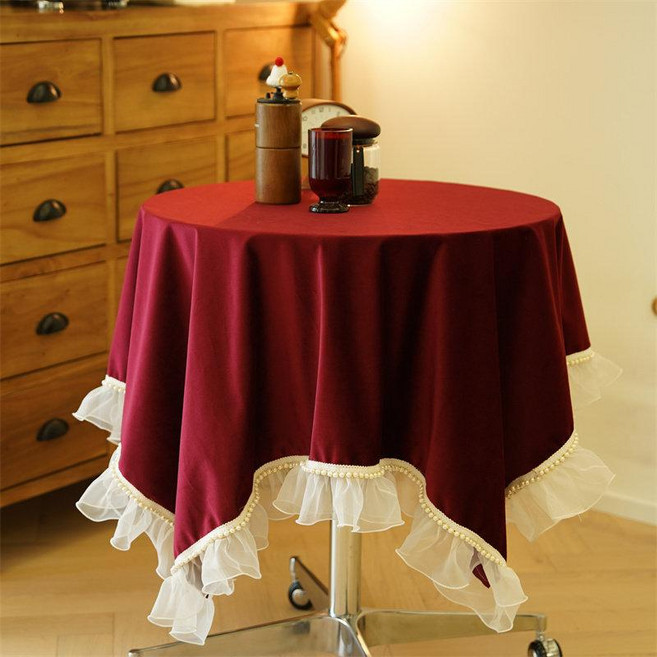 원형 테이블보 파티 연회장 감성 카페 인테리어 손님초대, 1개, 100 x 100cm 소형 정사각 천, 진주 치마 가장자리 와인레드 벨벳