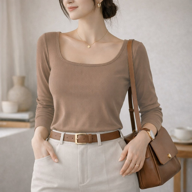 미브레 캡내장 스퀘어넥 긴팔티