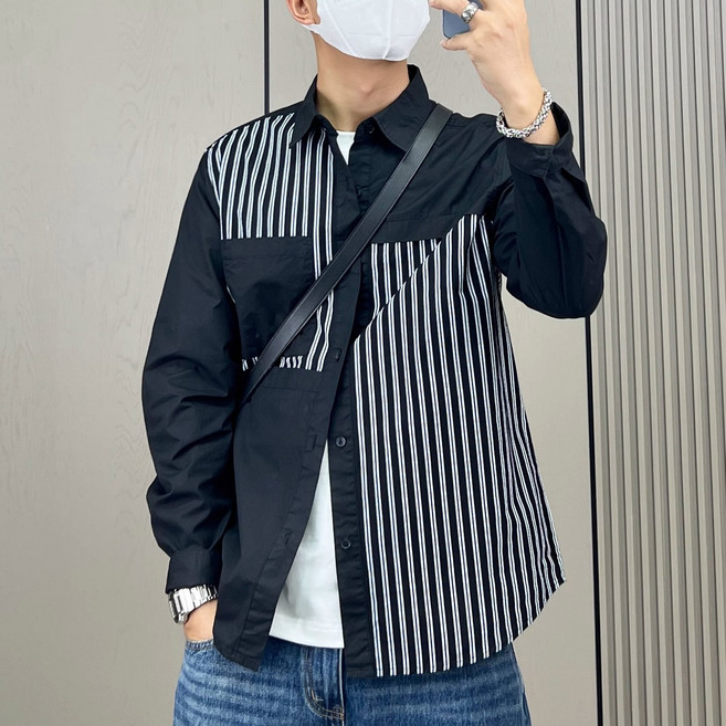 지디오 로키M 남성 긴팔 셔츠 줄무늬 패턴 레이어드 남방 카라 포켓 와이셔츠 프리사이즈 남자셔츠자켓