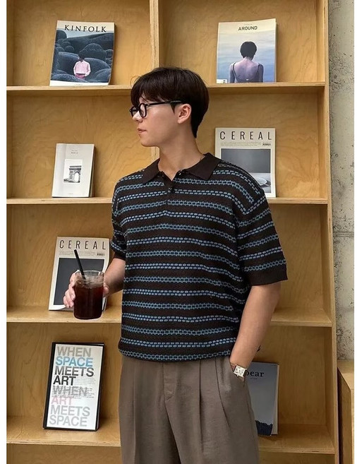 ANYOU 시원한 통기성 니트 폴로 티셔츠 남성 스트라이프 반팔 티셔츠 여름 데일리 룩