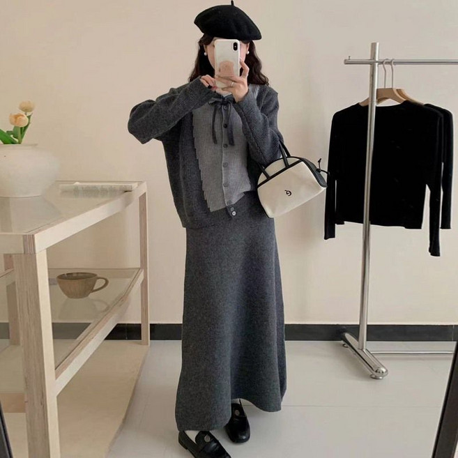 임산부 겨울 스커트 세트 가을 겨울 따뜻한 스타일 캐주얼 임부 스웨터 + 스커트 투피스 JS