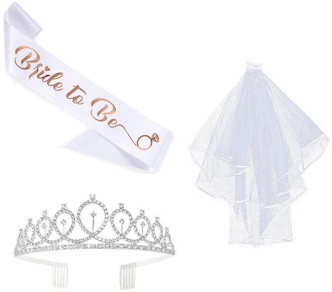 셀프 웨딩 브라이덜샤워 파티 헤어 악세사리 소품 면사포 티아라 어깨띠 3종세트, 면사포+티아라+어깨띠 3종
