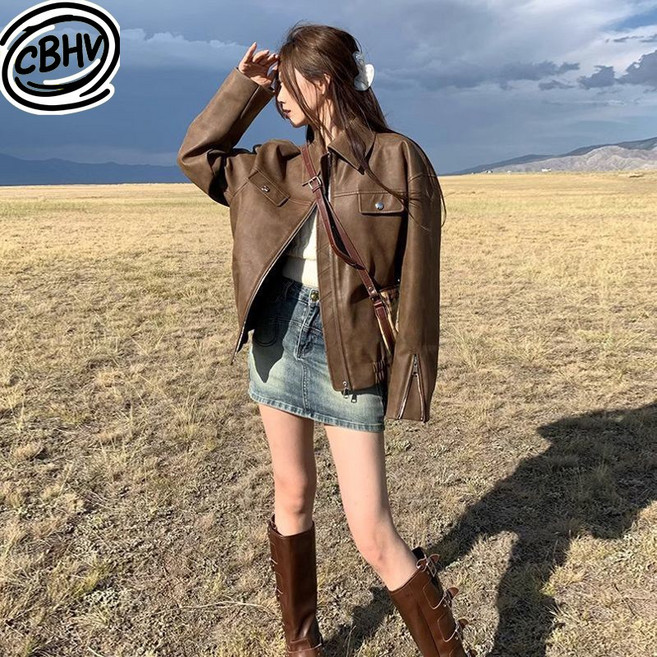 CBHV 여성 재킷 캐주얼 라인 심플 레더 지퍼 루즈핏 코트