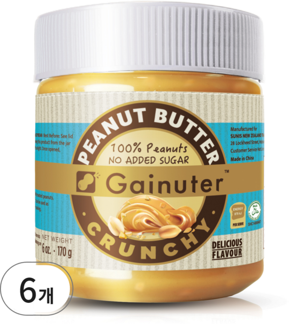 제이넛터 무가당 100% 땅콩버터 크런치, 6개, 170g