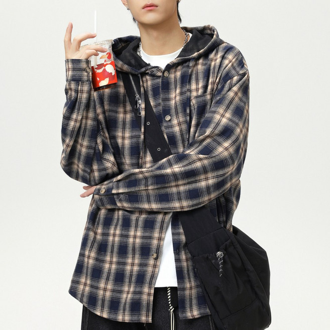 하울맨 남성 오버핏 후드 체크 셔츠 캐주얼 긴팔 남방