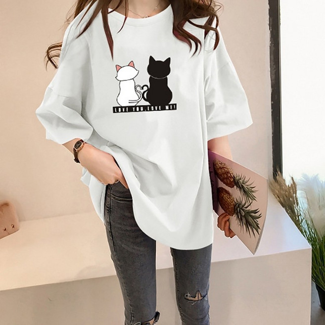 몬드스팟 여성 고양이 스케치 귀여운 박스티셔츠 JN162