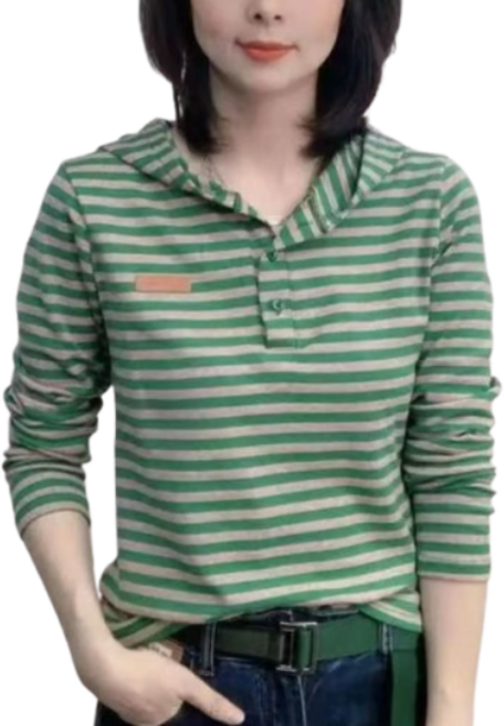 구디프 여성용 봄가을 데일리 캐주얼 스트라이프 후드 긴팔 티셔츠