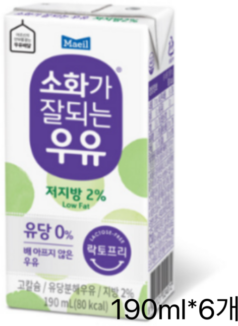 매일유업 소화가 잘되는 우유 저지방, 190ml, 6개