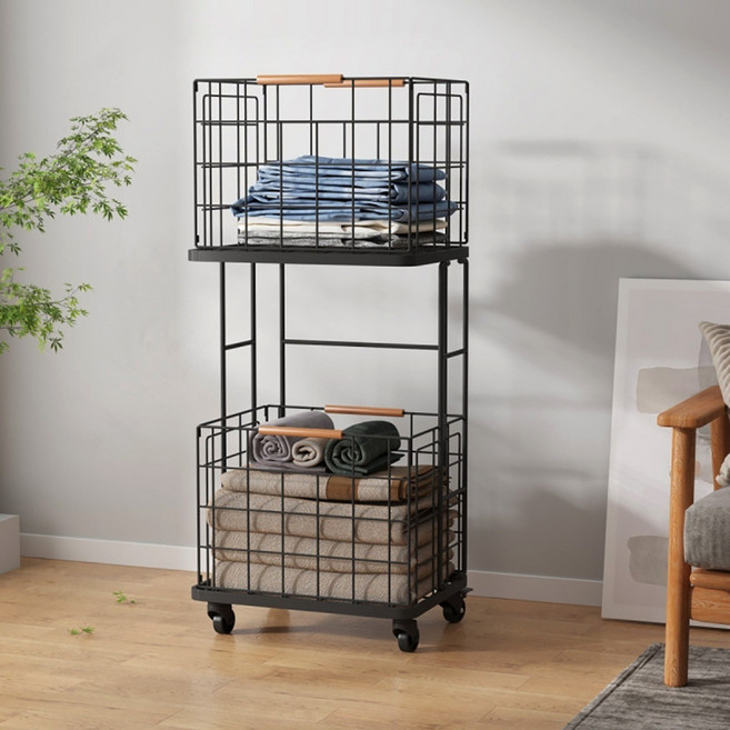 에이치앤아이 철제 와이어 2단 이동식 빨래바구니, 블랙