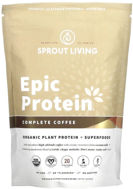 스프라우트 리빙 Epic 프로틴 유기농 식물 단백질 플러스 아답토젠 컴플리트 커피 456g (1lb) - 쿠팡