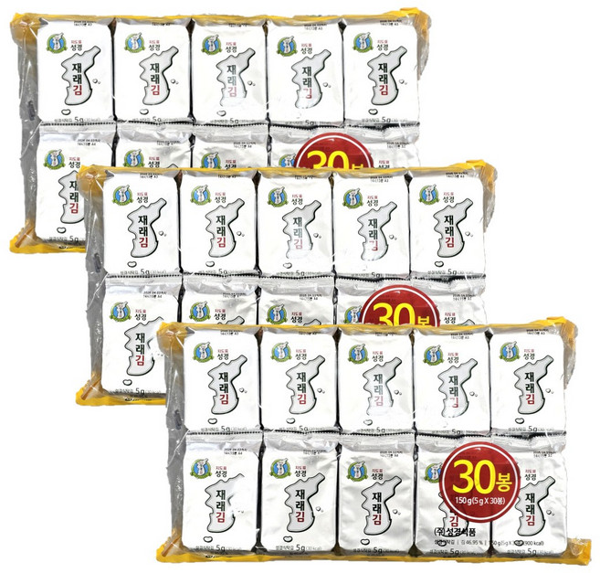 지도표 성경김 재래김 30봉 국내산 재래식탁김 조미김 전장김, 3세트, 150g
