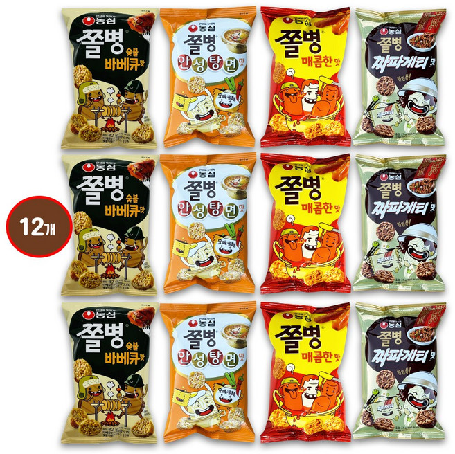 쫄병스낵 x 12개 4종세트 매콤3+안성탕면3+바베3+짜파게티3, 72g, 1박스, 쫄병S01){4종 x 3개}