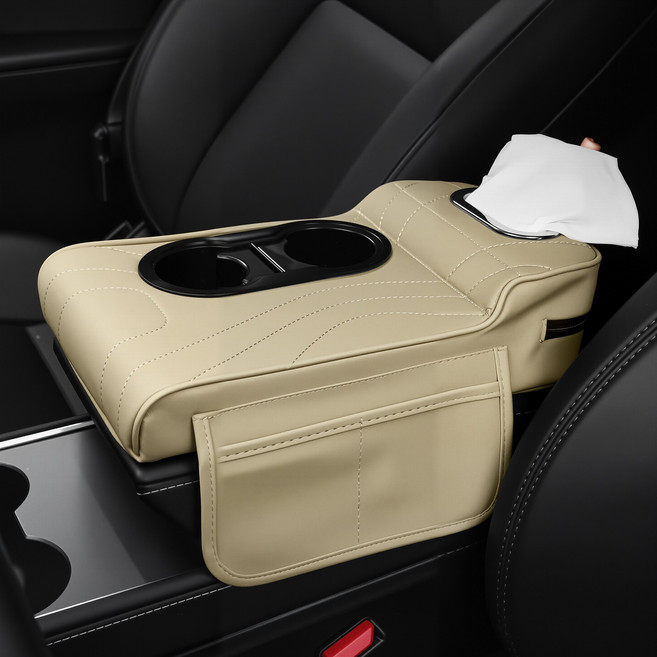 차량용 팔걸이 콘솔쿠션 자동차 티슈케이스 컵홀더 사이드포켓, 1개, 베이지